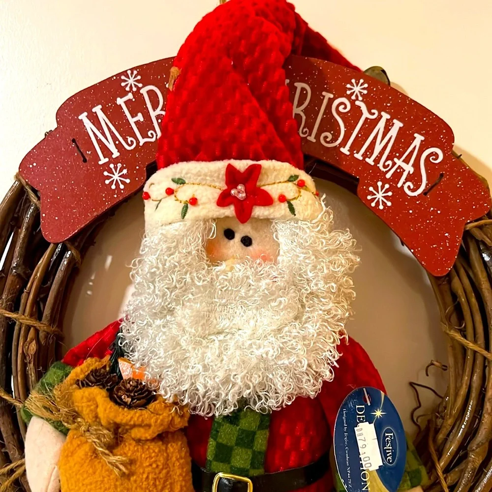 Festive. Merry Christmas. Sitting Santa Claus on the Wooden Bench.